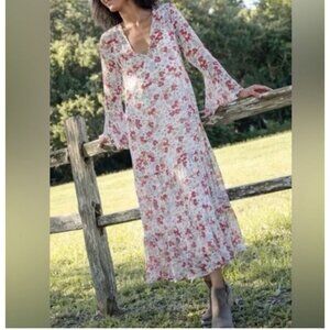 Natural Life Dance W/ Me Floral Tiered Bell Sleeve Maxi Dress L Cottage Core